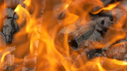 Burning fire, the charred firewood. Video stock 136722037