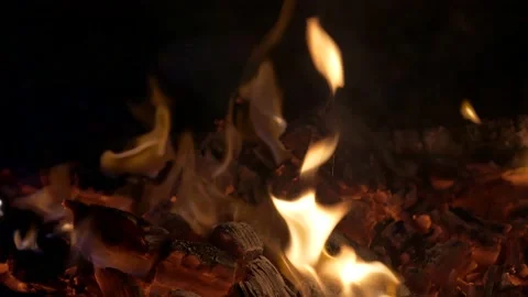 Burning fire, the charred firewood. Video stock 137569427