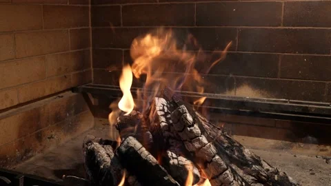 Burning fire. Close up shot of burning wood in the fireplace. Coals. Family Stock Footage 169344212
