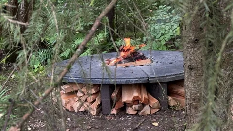 Burning Fire in DIY Concrete Fire Pit with Firewood Storage Stock Footage 342002264
