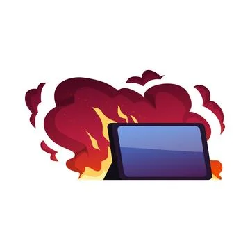 Burning fire electronic device, explosion effect, vector cartoon smartphone Stock Illustration