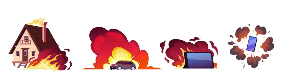 Burning fire, explosion effect, cartoon house, car, smartphone flaming, fire Stock Illustration