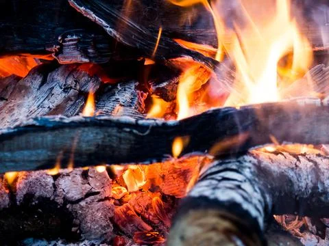 Burning fire. The fire burns in the forest. Texture of burning coals. Campfir Stock Photos