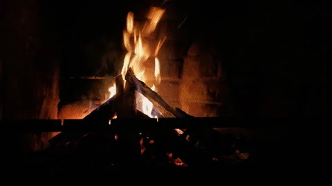 Burning Fire in the Fireplace Brick background Wall Realtime Stock Footage 245448687