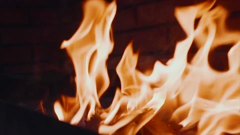 Burning Fire In The Fireplace with medium size flames. Slow motion. Stock Footage 152547173