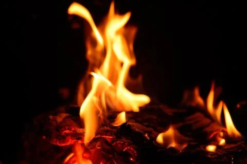 Burning fire in fireplace Fotos Stock