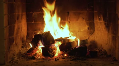 Burning Fire In The Fireplace. Slow motion. Stock Footage 106015417