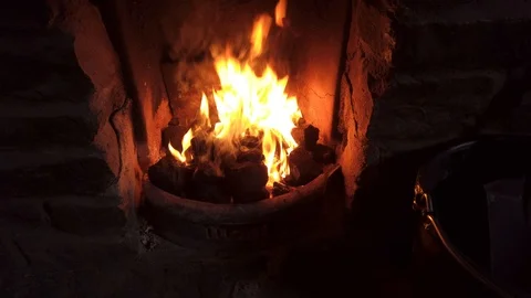 Burning Fire In The Fireplace. Slow motion. Stock Footage 112360766