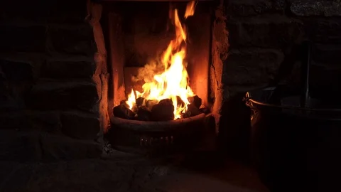 Burning Fire In The Fireplace. Slow motion. Stock Footage 112360862