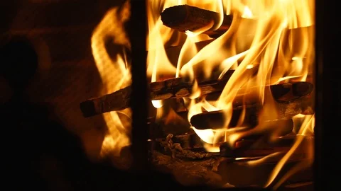 Burning Fire In The Fireplace. Slow motion. Close up footage of fire Stock Footage 113003521