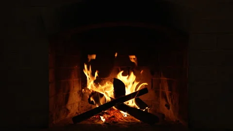 Burning Fire In The Fireplace. Slow Motion. A Looping Clip of a Fireplace with Video stock 162847459