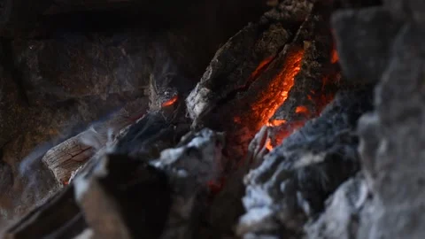 Burning fire, firewood coal closeup in the fireplace Stock Footage 142306207