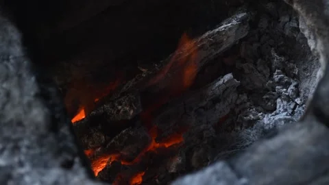Burning fire, firewood coal closeup in the fireplace Stock Footage 142306209