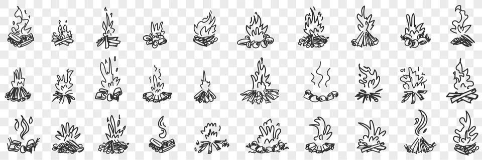 Burning fire flame doodle set Stock Illustration