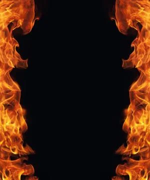 Burning fire flame frame on black background Stock Photos