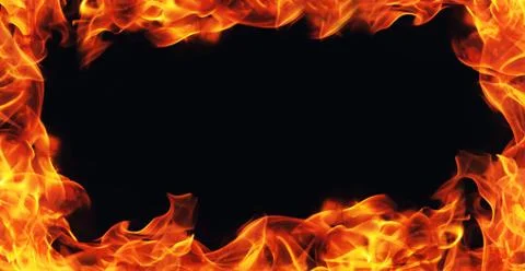 Burning fire flame frame on black background Foto stock