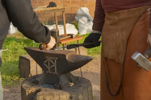 A burning fire in a forge for forging iron products. Stock Photos