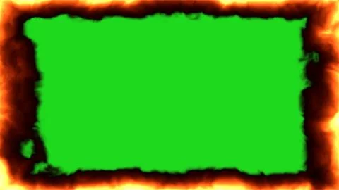 Burning fire frame with green screen chroma key center and charred edge bor.. Illustrazione stock