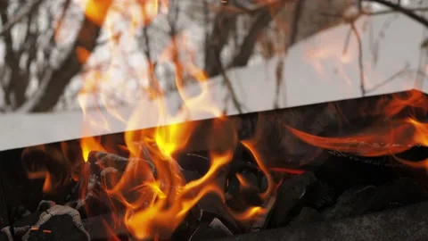 Burning fire in the grill on the snow. warm tongues of fire on a cold day Stock Footage 146155815