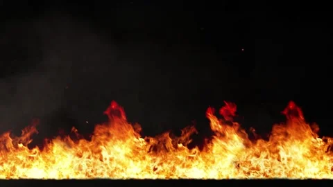 Burning Fire Line with Smoke and Flying Sparks Overlay - Cinematic Flame Border Stock Footage 332572265