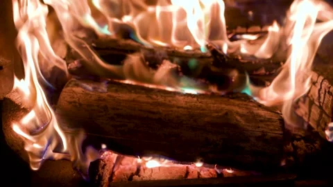 Burning fire logs inside stone fireplace. Close-up slow motion b-roll footage. 스톡 동영상 313398965