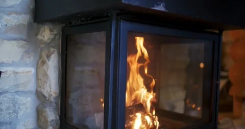 Burning Fire in a Modern Wood Stove With Glass Door Stock Footage 340261833