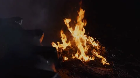 Burning fire in the night. Campfire with black background. Stock Footage 145922883