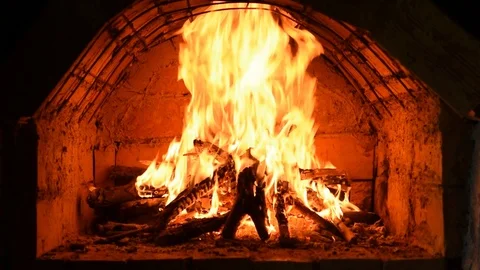 Burning fire in an old fireplace Stock Footage