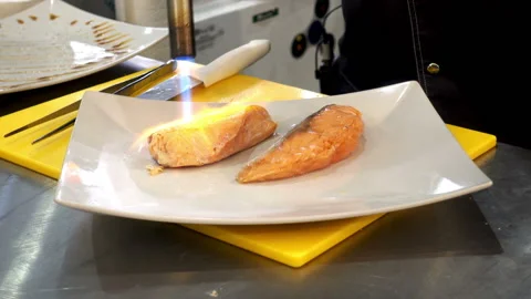 Burning fire pieces of red fish lying on a plate. Stock Footage 89672694