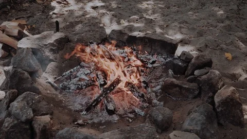 Burning fire pit. Campfire for cooking barbecue outdoor at the forest Video stock 99300117
