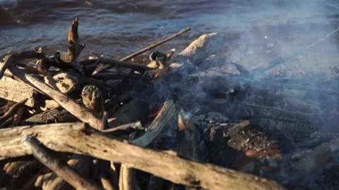 Burning fire on the river bank Stock Footage 140382761