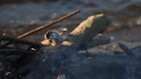 Burning fire on the river bank Stock Footage 140382814