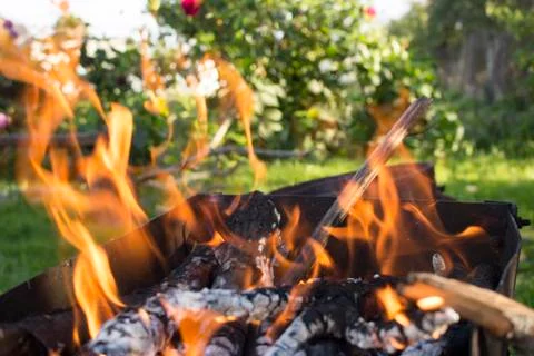 Burning fire for roasting meat , close-up Stock Photos