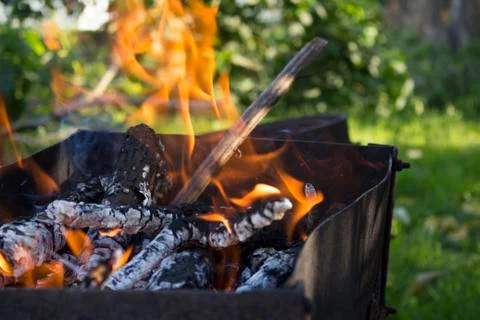 Burning fire for roasting meat , close-up Stock Photos