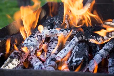 Burning fire for roasting meat , close-up Stock Photos