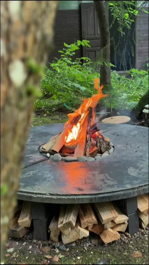 Burning Fire in Round Concrete Backyard Fire Pit Stock Footage 342166125