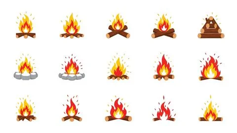 Burning fire wood set with varied log structures and hot flame illustration.. Stock Illustration