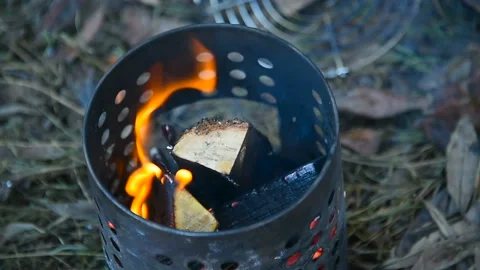 Burning firewood, a fire in the camp burner Stock Footage 101318231