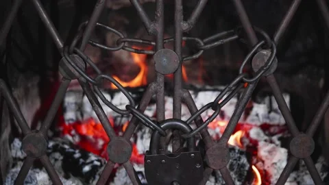 Burning firewood in the fireplace behind a locked grate Stock Footage 220904306