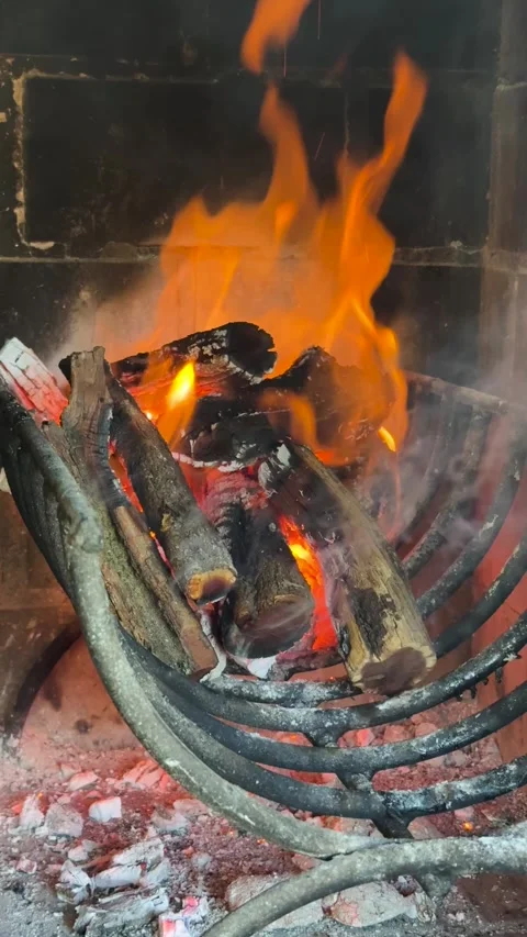 Burning Firewood with Flickering Fireplace Flames, Vertical Close-up Stock Footage 342222262