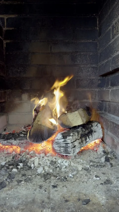 Burning firewood in rustic brick fireplace 動画素材 307952859