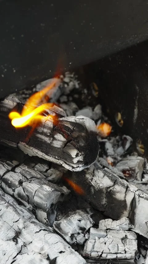 Burning firewood with small flame and gray ash in metal mangal Stock Footage 338198889