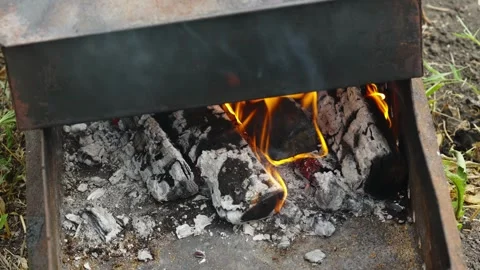 Burning firewood with small flame and gray ash in metal mangal Stock Footage 338199946