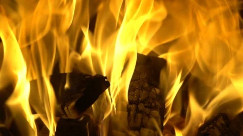 Burning firewoods with orange flame in slow motion, closeup view. Video stock 121343308