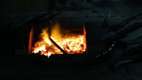 Burning Flames in a Forge Stock Footage 90676898