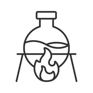 Burning flask icon in line design. heating flask, chemical reaction on white 스톡 일러스트