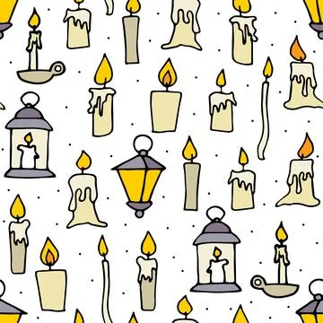 Burning floating candles seamless pattern. Hand-drawn candlestick Illustrazione stock