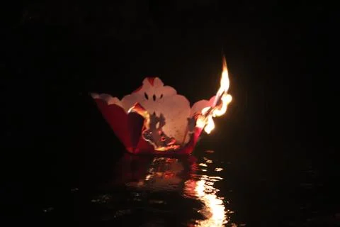 Burning Floating Lantern on Water 스톡 사진