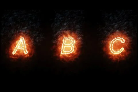 Burning font a, b, c, fire word text with flame and smoke on black background Иллюстрация