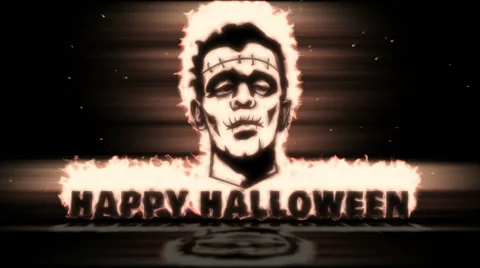 Burning Frankenstein face with text Happy Halloween Stock Footage 68311975